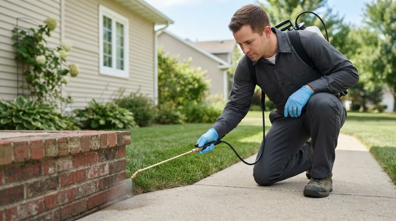 Pest control technician treating a home near Unionville, IN